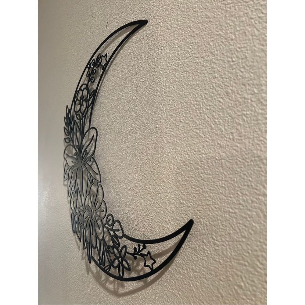 Black Metal Crescent Moon Stars Floral Lily Wall Decoration - Picture 4 of 6